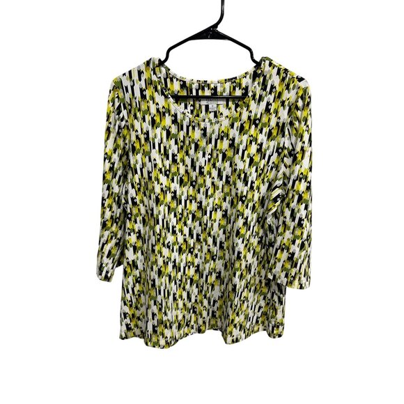 Denim & Co. Active Geometric Print Top Yellow Green Sz Medium 3/4 Sleeve Artsy - Picture 1 of 9